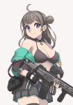  1girl ahoge assault_rifle bangs bikini bikini_top black_choker black_gloves black_legwear black_skirt blue_eyes breasts brown_jacket choker collarbone finger_on_trigger fingerless_gloves girls_frontline gloves grey_hair gun hair_bun holding holding_gun holding_weapon honey_badger_(girls_frontline) honey_badger_(gun) jacket large_breasts long_hair long_sleeves looking_at_viewer off_shoulder open_clothes open_jacket pleated_skirt rifle skirt smile smiley_face solo swimsuit tab_(tabkun) thighhighs weapon 