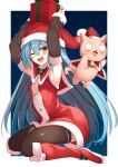  1girl :3 ;d armpits arms_up bangs bell blue_hair blush boots box brown_legwear capelet cat christmas collar commentary_request detached_sleeves dress eyebrows_visible_through_hair full_body gift gift_box hair_between_eyes hat highres holding holding_gift holly long_hair long_sleeves looking_at_viewer mahcdai night night_sky o_o object_on_head one_eye_closed open_mouth original planol_note pom_pom_(clothes) red_capelet red_collar red_dress red_footwear red_headwear santa_costume santa_hat scar scar_on_cheek scar_on_face shiny shiny_clothes short_dress sitting sky sleeveless sleeveless_dress smile thighhighs very_long_hair wariza yellow_eyes 
