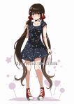  1girl alternate_costume arm_at_side bangs bare_arms blunt_bangs blush breasts brown_hair closed_mouth collarbone criis-chan danganronpa_(series) danganronpa_v3:_killing_harmony dress duplicate frown full_body hair_ornament harukawa_maki holding holding_hair long_hair looking_at_viewer low_twintails mole mole_under_eye pout print_dress red_eyes red_footwear red_scrunchie scrunchie shoes short_sleeves small_breasts sneakers solo space_print standing starry_sky_print symbol_commentary twintails very_long_hair white_footwear 