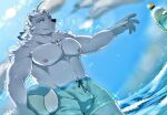  2021 anthro barazoku black_nose bulge clothing fur hi_res humanoid_hands kemono knights_college male mammal nipples outside paul_(knights_college) polar_bear shyuakira solo_focus swimwear ursid ursine video_games visual_novel water white_body white_fur 