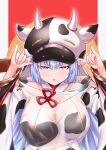  1girl animal_ears animal_print bangs bare_shoulders bikini blue_hair blush breasts cleavage cow_ears cow_girl cow_hat cow_horns cow_print d-l-l detached_collar detached_sleeves draph ear_piercing granblue_fantasy hands_up horns large_breasts long_hair looking_at_viewer navel open_mouth piercing pink_eyes pointy_ears shatola_(granblue_fantasy) sheer_clothes swimsuit thighs white_bikini wide_sleeves 