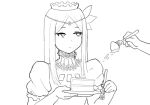  1girl cake closed_mouth crown donburikazoku dress flower food hair_flower hair_ornament long_hair monochrome overlord_(maruyama) renner_theiere_chardelon_ryle_vaiself simple_background white_background 