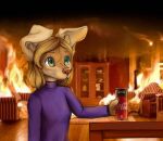  2019 anthro canid canine canis clothed clothing domestic_dog female fire fur green_eyes hi_res inside mammal meme solo sweater this_is_fine topwear yshanii 