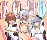  3girls akeome alternate_costume animal_costume animal_ears animal_hood animal_print bikini blue_eyes blush breasts brown_eyes brown_hair commentary_request cow_costume cow_ears cow_horns cow_print cow_tail cowboy_shot gangut_(kancolle) gradient gradient_background grey_hair happy_new_year head_bump hibiki_(kancolle) hood horns kantai_collection large_breasts long_hair looking_at_viewer multiple_girls new_year nose_blush one_eye_closed open_mouth orange_eyes pointing pointing_at_self restrained rope sandaru_(gorukusu) side-tie_bikini swimsuit tail tashkent_(kancolle) translation_request tying verniy_(kancolle) 