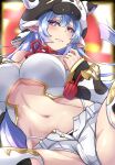  1girl animal_ears animal_print bangs bare_shoulders bikini blue_hair blush breasts cleavage cow_ears cow_girl cow_hat cow_horns cow_print detached_collar detached_sleeves draph ear_piercing granblue_fantasy highres horns large_breasts long_hair looking_at_viewer navel piercing pointy_ears shatola_(granblue_fantasy) shimeno_puni short_shorts shorts spread_legs swimsuit thighhighs thighs white_bikini white_legwear white_shorts wide_sleeves yellow_eyes 