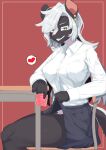  &lt;3 2021 5_fingers absurd_res anthro big_breasts black_body black_fur bottomwear breasts chair clothed clothing clothing_lift condom_wrapper denyfake desk ear_piercing female fingers fur furniture green_eyes hair hair_over_eye half-closed_eyes hi_res kemono looking_at_viewer mammal mephitid multicolored_body multicolored_fur narrowed_eyes nipple_outline no_underwear one_eye_obstructed piercing pink_nose pubes red_background sharp_teeth shirt simple_background sitting skirt skirt_lift skunk smile solo teeth topwear translucent translucent_hair white_body white_fur white_hair 