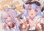  2021 2girls animal_ears animal_print bangs bare_shoulders bikini blue_hair blush breasts cleavage cow cow_ears cow_girl cow_hat cow_horns cow_print detached_collar detached_sleeves draph ear_piercing fake_animal_ears granblue_fantasy hair_ornament hairband_removed hairclip happy_new_year highres horns large_breasts long_hair looking_at_viewer mouse_ears multiple_girls new_year open_mouth orange_hair piercing pointy_ears red_eyes sassakntm shatola_(granblue_fantasy) sheer_clothes shirt short_hair small_breasts smile swimsuit thighs vikala_(granblue_fantasy) white_bikini white_hair white_shirt wide_sleeves 