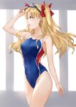  1girl asle bangs bare_shoulders blonde_hair blue_swimsuit blush breasts collarbone commentary_request earrings ereshkigal_(fate) fate/grand_order fate_(series) hair_ribbon highleg highleg_swimsuit hoop_earrings jewelry long_hair looking_away looking_to_the_side medium_breasts one-piece_swimsuit open_mouth parted_bangs red_eyes ribbon smile solo swimsuit thighs two_side_up 