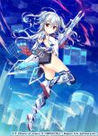  1girl bangs breasts city elbow_gloves eyebrows_visible_through_hair gloves gun hair_between_eyes headgear holding holding_gun holding_weapon holographic_interface long_hair looking_at_viewer profile red_eyes silver_hair small_breasts solo thighhighs watermark weapon yaki_mayu z/x 