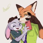  1:1 2021 anthro brown_body brown_fur canid canine cellphone clothing disney dogear218 duo female fox fur green_eyes holding_cellphone holding_object holding_phone hoodie judy_hopps lagomorph leporid male mammal necktie nick_wilde one_eye_closed open_mouth open_smile orange_body orange_fur phone purple_eyes rabbit red_fox shirt signature smile topwear zootopia 