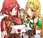  1340smile 1boy 2girls bangs bare_shoulders black_gloves blonde_hair chest_jewel dress earrings elbow_gloves fingerless_gloves gem gloves headpiece highres jewelry long_hair looking_at_viewer multiple_girls mythra_(xenoblade) pyra_(xenoblade) red_eyes red_hair rex_(xenoblade) short_hair smash_invitation super_smash_bros. swept_bangs tiara very_long_hair white_dress white_gloves xenoblade_chronicles_(series) xenoblade_chronicles_2 yellow_eyes 