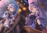  2girls blue_hair blush braids ganyu_(genshin_impact) genshin_impact gloves horns keqing_(genshin_impact) long_hair pantyhose purple_eyes purple_hair twintails umbrella yuririn_poi 