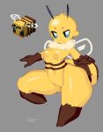  anthro bee_(minecraft) blue_eyes female hi_res minecraft nezulet simple_background solo stinger stripes_(marking) thick_thighs video_games wings 
