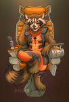  absurd_res animal_humanoid anthro brown_body bulge chair clothed clothing dasoka digital_media_(artwork) fur furniture guardians_of_the_galaxy hair hi_res humanoid looking_at_viewer male male/male mammal mammal_humanoid marvel open_mouth procyonid procyonid_humanoid raccoon raccoon_humanoid rocket_raccoon simple_background sitting smile solo tongue tongue_out 