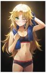  1girl alternate_hairstyle arm_up bangs bare_arms black_bra black_panties blonde_hair blue_towel blush border bra brand_name_imitation breasts cleavage clothes_writing collarbone commentary cowboy_shot drying drying_hair english_commentary eyebrows_visible_through_hair fate/apocrypha fate_(series) green_eyes hair_down highres long_hair mordred_(fate) mordred_(fate)_(all) navel one_eye_closed outline panties parted_bangs photoshop_(medium) small_breasts solo sports_bra stomach toned tonee towel towel_around_neck underwear v-shaped_eyebrows very_long_hair white_border 