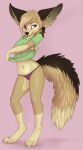  2020 absurd_res anthro barefoot big_ears blonde_hair breasts canid canine clothing feet female fennec fingers fluffy fluffy_tail fox fur gloves_(marking) hair hi_res leg_markings mammal markings navel osiris_henschel panties purple_eyes simple_background socks_(marking) solo toes underwear undressing yshanii 