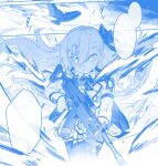  1girl blue_theme bow girls_frontline gloves gun hair_ornament hairclip hexagram holding holding_gun holding_weapon imi_negev long_hair machine_gun magazine_(weapon) miharu_(cgsky) monochrome negev_(girls_frontline) official_art solo speech_bubble star_of_david weapon white_gloves 