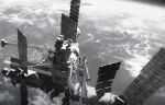  1girl chinese_commentary chromatic_aberration commentary earth_(planet) greyscale hatsune_miku highres holding holding_microphone konya_karasu_kou long_hair microphone monochrome planet scenery solar_panel solo space space_station spacesuit standing star_(sky) twintails very_long_hair vocaloid 