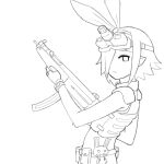  1girl assault_rifle bunny closed_mouth disgaea donburikazoku gun hair_ribbon hairband looking_at_viewer military monochrome pleinair pointy_ears ribbon rifle short_hair simple_background solo stuffed_animal stuffed_bunny stuffed_toy weapon white_background 