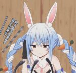  1girl :| absurdres animal_ear_fluff animal_ears bare_shoulders black_gloves blue_hair blurry blurry_background bunny_ears carrot_hair_ornament closed_mouth depth_of_field don-chan_(usada_pekora) food_themed_hair_ornament gloves hair_ornament hand_up highres hololive jitome mamerakkkkko microphone multicolored_hair red_eyes scarf solo translation_request twintails two-tone_hair upper_body usada_pekora white_hair 