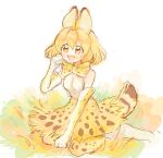  1girl :d animal_ears animal_print bangs bare_shoulders between_legs bow bowtie clenched_hands dot_nose elbow_gloves eyebrows_visible_through_hair fang from_side full_body gloves hair_between_eyes hand_between_legs hand_up high-waist_skirt kemono_friends looking_at_viewer nanzuyo_(gnsi) open_mouth orange_eyes orange_hair outdoors paw_pose print_bow print_gloves print_legwear print_neckwear print_skirt serval_(kemono_friends) serval_ears serval_print serval_tail shirt short_hair sitting skirt sleeveless sleeveless_shirt smile solo tail tareme wariza white_background white_shirt 
