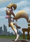  absurd_res anthro athletic athletic_anthro athletic_female bluevanilla_(artist) city city_background clothing digimon digimon_(species) female hi_res park park_bench pawpads paws purse renamon solo walking 