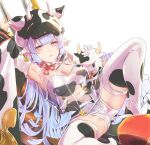  1girl animal_ears animal_print arm_behind_head arm_up armpits bangs bare_shoulders bikini blue_hair blush breasts cleavage cow cow_ears cow_girl cow_hat cow_horns cow_print cow_tail detached_collar detached_sleeves draph ear_piercing granblue_fantasy ground_vehicle highres horns large_breasts leaning_back long_hair looking_at_viewer motor_vehicle motorcycle navel piercing pointy_ears shatola_(granblue_fantasy) sheer_clothes short_shorts shorts spread_legs swimsuit tail thighhighs thighs white_bikini white_legwear white_shorts wide_sleeves yellow_eyes yilan_un 