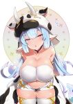  1girl animal_ears animal_print arms_behind_back bangs bare_shoulders bikini blue_hair blush breasts cleavage cow_ears cow_girl cow_hat cow_horns cow_print cow_tail detached_collar detached_sleeves draph ear_piercing granblue_fantasy hato_yu-ki highres horns large_breasts leaning_forward long_hair looking_at_viewer navel open_mouth piercing pink_eyes pointy_ears shatola_(granblue_fantasy) short_shorts shorts swimsuit tail thighhighs thighs white_bikini white_legwear white_shorts wide_sleeves 