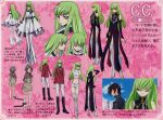  1girl 2000s_(style) absurdres artbook c.c. character_name character_sheet code_geass green_hair highres lelouch_lamperouge long_hair midriff multiple_views official_art pink_background scan text_focus very_long_hair younger 