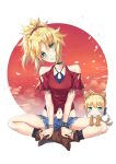  2018 2girls afterimage ahoge animal_costume ankle_boots artoria_pendragon_(all) bangs bare_shoulders black_legwear black_panties blonde_hair blush_stickers boots bracelet breasts brown_footwear buckle cleavage clothing_cutout collar collarbone commentary_request dog_costume earrings fate/apocrypha fate/grand_order fate/stay_night fate_(series) fringe_trim full_body green_eyes hair_ornament hair_scrunchie head_tilt highres indian_style jewelry long_hair looking_at_viewer medium_breasts minigirl mordred_(fate) mordred_(fate)_(all) motion_lines multiple_girls navel open_fly open_mouth panties panty_peek parted_bangs petals ponytail red_scrunchie red_shirt saber scrunchie shirt short_sleeves shoulder_cutout sitting smile socks spiked_bracelet spikes tail tail_wagging teeth tonee underwear 