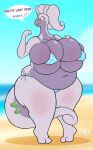  &lt;3 2019 2_fingers 2_toes antennae_(anatomy) anthro beach belly big_breasts bikini bite biting_lip blush bodily_fluids breast_squish breasts cleavage clothed clothing curled_tail deep_navel dialogue doxxyl dragon embarrassed english_text eyelashes feet female fingers goodra green_eyes hand_on_breast hi_res huge_breasts long_neck looking_away micro_bikini navel nintendo outside overweight overweight_anthro overweight_female pok&eacute;mon pok&eacute;mon_(species) purple_body sand sea seaside skimpy sky smile solo speech_bubble squish standing sweat sweatdrop swimwear tail_between_legs text thick_thighs tight_clothing toes under_boob video_games water wide_hips 
