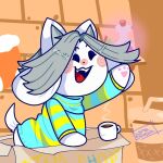 1:1 anthro canid canine clothed clothing felid feline hair mammal open_mouth tem temmie_(undertale) topwear undertale video_games white_body 