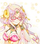  1girl artist_request bangs bespectacled blush bracelet breasts cleavage closed_eyes closed_mouth diadem eyebrows_visible_through_hair eyelashes glasses hand_on_own_face highres horns jewelry low_twintails nanaka_(princess_connect!) necklace princess_connect! princess_connect!_re:dive purple_hair smile star_(symbol) swimsuit traditional_media twintails watercolor_pencil_(medium) 
