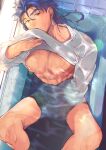  0343_u 1boy absurdres alternate_costume alternate_hairstyle bare_pecs bathing bathtub blue_hair bottomless closed_mouth cu_chulainn_(fate)_(all) earrings fate/stay_night fate_(series) from_above hair_down highres in_water jewelry lancer long_hair looking_at_viewer male_focus muscular muscular_male nipples partially_submerged pectorals red_eyes shirt shirt_lift smile solo spiked_hair submerged wet wet_clothes wet_hair wet_shirt 