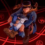  1boy 1girl ainu_clothes asirpa black_hair blood bloody_clothes bloody_hands blue_eyes blue_hair blue_headband boots brown_eyes brown_footwear earrings golden_kamuy hat headband highres hoop_earrings jewelry looking_at_viewer military military_hat military_uniform red_background scar scar_on_face scarf sitting sugimoto_saichi sumi_wo_hakuneko uniform yellow_scarf 