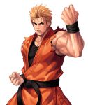  1boy bangs belt biceps black_belt black_shirt blonde_hair blue_eyes clenched_hands collarbone commentary_request cowboy_shot dougi evilgun fighting_stance fingernails hand_up highres looking_at_viewer male_cleavage male_focus muscular muscular_male ryou_sakazaki ryuuko_no_ken serious shirt short_hair simple_background sleeveless sleeveless_shirt solo standing the_king_of_fighters the_king_of_fighters_&#039;97 undershirt white_background 