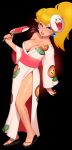  1girl absurdres blonde_hair blue_eyes boo breasts cleavage combos_&amp;_doodles english_text eyeshadow fan fire_flower full_body highres large_breasts light_blush looking_at_viewer makeup mario_(series) mask mask_on_head off_shoulder princess_peach purple_eyeshadow sandals solo standing super_mario_odyssey sweat 