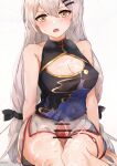  1girl absurdres bangs bare_shoulders black_ribbon blush breasts brown_eyes china_dress chinese_clothes cleavage closed_mouth cum cum_on_body cum_on_breasts dress eyebrows_visible_through_hair facial girls_frontline grey_hair hair_between_eyes hair_ribbon highres knees_together long_hair looking_at_viewer medium_breasts muteppona_hito penis ribbon shorts sitting solo svd_(girls_frontline) sweat thigh_sex thighs white_background white_shorts 