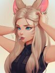  1girl absurdres ahri animal_ears arms_up banana_(bananapie) blonde_hair blue_eyes fox_ears highres k/da_(league_of_legends) k/da_ahri league_of_legends lips long_hair mouth_hold simple_background sleeveless solo upper_body whisker_markings 