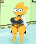  alphys anthro barefoot belly big_breasts blush breasts buckteeth cleavage clothed clothing coat crop_top deep_navel detailed_background english_text eyewear female freckles glasses hi_res inside lab_coat lizard looking_at_viewer navel non-mammal_breasts open_clothing open_coat open_topwear panties reptile scales scalie shirt short_stack signature skimpy solo somescrub standing teeth text thick_tail thick_thighs topwear undertale underwear video_games wide_hips yellow_body yellow_scales 