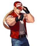  1boy adjusting_clothes adjusting_headwear arm_up baseball_cap belt biceps black_belt black_gloves blonde_hair blue_eyes blue_pants clenched_hand commentary_request cowboy_shot denim evilgun fatal_fury fingerless_gloves fingernails fist_bump gloves hair_between_eyes hat highres jeans long_hair looking_at_viewer male_focus muscular muscular_male pants parted_lips ponytail red_headwear red_vest shirt shirt_tucked_in simple_background sleeveless sleeveless_shirt smile solo standing terry_bogard the_king_of_fighters the_king_of_fighters_&#039;97 veins very_long_hair vest white_background white_shirt 