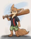  2021 4:5 anthro barefoot black_nose bottomwear canid canine cigarette_in_mouth claws clothed clothing digitigrade disney feet fennec finnick fox fully_clothed fur hi_res holding_baseball_bat holding_object inner_ear_fluff kebi looking_at_viewer male mammal shirt shorts signature simple_background smoking solo standing tan_body tan_fur toe_claws toes topwear tuft whiskers zootopia 