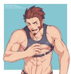  1boy abs absurdres alternate_costume bara blue_eyes blush brown_hair facial_hair fate/grand_order fate_(series) goatee highres long_sideburns looking_at_viewer male_focus muscular muscular_male napoleon_bonaparte_(fate) nipples pectorals revealing_clothes scar short_hair sideburns simple_background smile solo upper_body watermark yaosan233 
