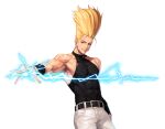  1boy animal_collar arm_at_side bangs bare_shoulders belt biceps black_belt black_collar black_tank_top blonde_hair collar collarbone commentary_request covered_abs cowboy_shot earrings electricity evilgun highres jewelry looking_at_viewer male_focus nikaidou_benimaru pants parted_lips pectorals simple_background sleeveless smile smirk smug solo standing sweatband tank_top the_king_of_fighters the_king_of_fighters_&#039;97 toned toned_male white_background white_pants 