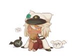  1girl blonde_hair chibi clover dark_skin dark_skinned_female food four-leaf_clover guilty_gear guilty_gear_strive hamburger hat highres holding holding_food lucifero milramemo ramlethal_valentine white_headwear yellow_eyes 