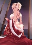  1girl ass azur_lane back bangs bare_shoulders blonde_hair blue_eyes breasts cait_aron chinese_clothes choker dress floral_print flower from_behind glorious_(azur_lane) glorious_(pungent_plum)_(azur_lane) hair_flower hair_ornament highres japanese_clothes kneeling large_breasts long_hair looking_at_viewer looking_back night night_sky official_alternate_costume ponytail red_choker red_dress sidelocks sky sliding_doors solo star_(sky) underboob underwear undressing white_flower wide_sleeves 