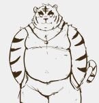  2021 anthro bottomwear bulge clothing felid hi_res kemono male mammal overweight overweight_anthro overweight_male pantherine pants re_jin37 shirt simple_background solo tiger topwear 