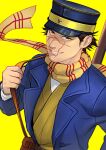  1boy black_hair brown_eyes ganpiro golden_kamuy gun hat kepi long_sleeves male_focus military military_hat military_uniform rifle scar scar_on_cheek scar_on_face scar_on_mouth scar_on_nose scarf short_hair simple_background smile solo sugimoto_saichi uniform upper_body weapon yellow_background yellow_scarf 