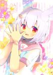  1girl :d animal_ear_fluff animal_ears bangs blush bunny_ears character_request choker collarbone commentary_request eyebrows_visible_through_hair floral_background flower hair_between_eyes hair_ornament hairclip hands_up indie_virtual_youtuber kouu_hiyoyo looking_at_viewer open_mouth pink_choker pink_flower pink_sailor_collar purple_flower purple_hair red_eyes sailor_collar shirt short_sleeves silver_hair smile solo star_(symbol) star_hair_ornament steepled_fingers striped striped_background vertical_stripes virtual_youtuber white_flower white_shirt yellow_flower yellow_neckwear 