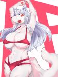  2021 5_fingers anthro big_breasts bikini bottomwear breasts brown_nose canid canine cheek_tuft claws clothed clothing cute_fangs facial_markings facial_tuft female fingers fluffy fluffy_tail fox fur grey_body grey_fur hair happy head_markings hi_res high_school_inari_tamamo-chan huge_breasts inner_ear_fluff kemono long_hair looking_at_viewer mammal markings navel nipple_outline open_mouth open_smile pawpads portrait raised_arm red_eyes silver_hair smile solo swimwear sya tamamo-chan&#039;s_a_fox tamamo_fushimi three-quarter_portrait tongue topwear tuft white_body white_fur 